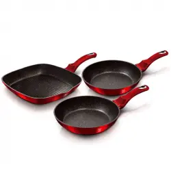 Berlinger Haus Burgundy Juego 2 Sartenes Y Grill Inducción 20-24-28cm, Aluminio, Antiadherente Rojo