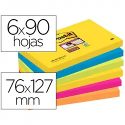 Bloc De Notas Adhesivas Quita Y Pon Post-it Super Sticky 76x127 Mm 90 Hojas Pack 6 Bloc Colores Surtidos