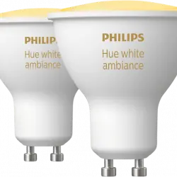 Bombilla inteligente - Philips Hue GU10, Luz Blanca de Cálida a Fría, 3W, Control voz, 2 unidades, Blanco