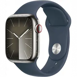 Apple Watch Series 9 (2023), GPS+CELL, 45 mm, Gesto de doble toque, Caja acero inoxidable plata, Correa deportiva azul tempestad, Talla S/M