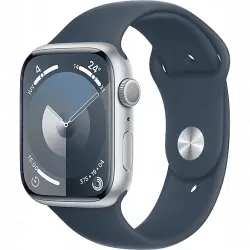 Apple Watch Series 9 (2023), GPS, 45 mm, Gesto de doble toque, Caja aluminio plata, Correa deportiva azul tempestad, Talla S/M