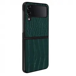 Carcasa Cuero Para Galaxy Z Flip 4 Efecto Cocodrilo Bordes Elevados Verde Oscuro