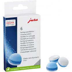 Pastillas de limpieza - Jura 24225, 3 En 1, Pack 6 pastillas, Compatibles con cafeteras Jura, Blanco/Azul