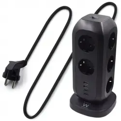 Ewent Regleta de 11 Tomas en Columna con 2 Cargadores USB/USB-C con Enchufe Schuko de 16
