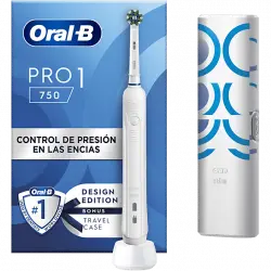 Cepillo eléctrico - Oral-B Pro 1 750, Con Estuche De Viaje Y Cabezal, Diseñado Por Braun, Blanco