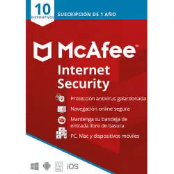 Protección - McAfee Internet Security, Suscrip. 1 año, 10 Dispositivos (Formato Físico)