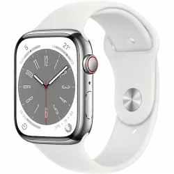 Apple Watch Series 8 (2022), GPS+CELL, 45 mm, Caja de acero inoxidable, Vidrio delantero Ion-X, Correa deportiva plata
