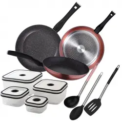 San Ignacio Venus Set 3 Sartenes de Aluminio 20, 24 y 28cm + 4 Recipientes Herméticos + 3 Utensilios
