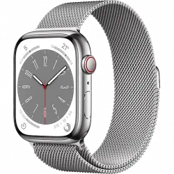 Apple Watch Series 8 (2022), GPS+CELL, 45 mm, Caja de acero inoxidable, Vidrio delantero Ion-X, Correa Milanese loop plata