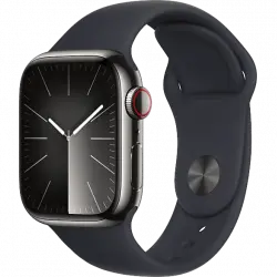 Apple Watch Series 9 (2023), GPS+CELL, 41 mm, Gesto de doble toque, Caja acero inoxidable grafito, Correa deportiva medianoche, Talla M/L