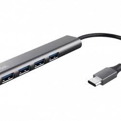 Hub USB/Concentrador - Trust 24948 Halyx 4, USB-C, 4 puertos, 5 Gbit/s, Gris