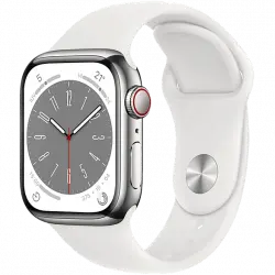 APPLE Watch Series 8 (2022), GPS+CELL, 41 mm, Caja de acero inoxidable, Vidrio delantero Ion-X, Correa deportiva plata