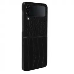 Carcasa Cuero Para Galaxy Z Flip 4 Efecto Cocodrilo Bordes Elevados Negro