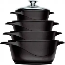 Briebe MGK-12 Batería de Cocina 8 Piezas Aluminio Fundido 4 Ollas 16/20/24/28cm + Tapas de Vidrio