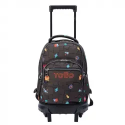 Mochila Escolar Totto Pequeña Ruedas Estampado Videojuego Resma Negro