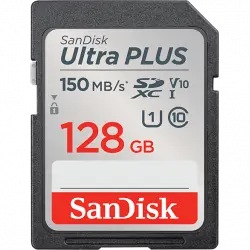 Tarjeta SDXC - SanDisk Ultra Plus, 128GB, 150 MB/s, UHS-I, V10, Clase 10, Resistente al Agua, Multicolor