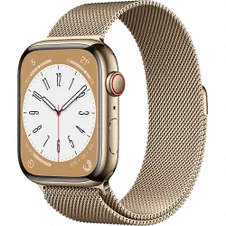 APPLE Watch Series 8 (2022), GPS+CELL, 45 mm, Caja de acero inoxidable, Vidrio delantero Ion-X, Correa Milanese loop oro