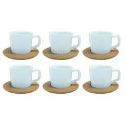 Hogar Y Mas Juego De Café Natura Azul Claro Moderno, 6 Tazas Con Platos De Bambú. Tazas De Café 6 Unidades, 100 Ml