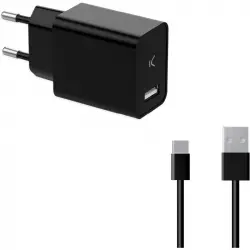 Ksix Cargador De Red 12W USB-A + Cable USB-A a USB-C 1m Negro