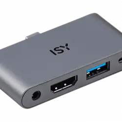 Hub - ISY IAD-1019, Entrada USB-C, Salidas USB-A/ HDMI 2.0, Conexión de audio, Aluminio, Plata