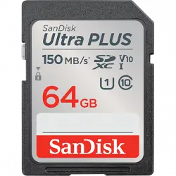 Tarjeta SDXC - SanDisk Ultra Plus, 64GB, 150 MB/s, UHS-I, V10, Clase 10, Resistente al Agua, Multicolor
