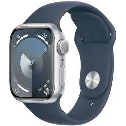 Apple Watch Series 9 (2023), GPS, 41 mm, Gesto de doble toque, Caja aluminio plata, Correa deportiva azul tempestad, Talla S/M