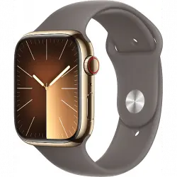 Apple Watch Series 9 (2023), GPS+CELL, 45 mm, Gesto de doble toque, Caja acero inoxidable oro, Correa deportiva arcilla, Talla M/L