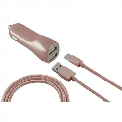 Ksix Cargador de Coche Metalizado 2x USB 2.1A + Cable Micro-USB Rosa Dorado