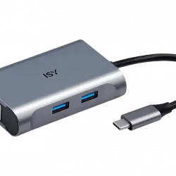 Adaptador USB-C a 2x USB-A 3.0, 1x RJ45 Gigabit LAN - ISY IAD-1018, Plata