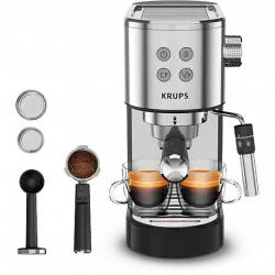 Cafetera express - Krups Virtuoso + XP444C, 1400 W, 15 Bar, 1 L, Thermoblock, Compatible cápsulas blandas té e infusiones, Apagado autom., Acero Inox