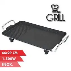 Plancha De Asar Electrica 1500w - 2 Zonas Lisa Y Grill - Placa Antiadherente - Asas Tacto Frio - Termostato Extraible - Superficie 66x29cm Muvip