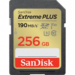 Tarjeta SDXC - SanDisk Extreme PLUS, 256 GB, Vídeo 4k UHD, Hasta 190 MB/s lectura, U3, V30, C10, Multicolor