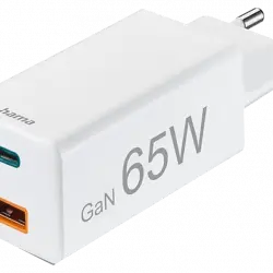 Cargador - Hama GSM Mini, 65W, 220V, Carga rápida, USB-A y USB-C, 2 dispositivos a la vez, Blanco