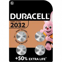 Pilas - Duracell 2032, De botón, Paquete 4 unidades, 3V, DL2032 /CR2032, Plata