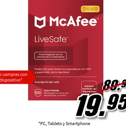 Antivirus - McAfee® LiveSafe, Seguridad en Internet, Número ilimitado de dispositivos (Windows®/Mac®/Android/iOS), Suscripción 1 año