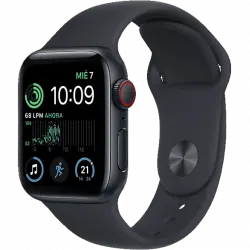 APPLE Watch SE (2022), GPS+CELL, 40 mm, Caja de aluminio, Vidrio delantero Ion-X, Correa deportiva medianoche