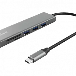 Hub USB - Trust Halyx, 3x USB-A, Lector de tarjetas microSD, USB-C, Multiplataforma, Plata