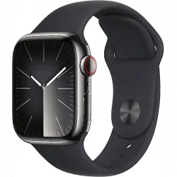Apple Watch Series 9 (2023), GPS+CELL, 41 mm, Gesto de doble toque, Caja acero inoxidable grafito, Correa deportiva medianoche, Talla S/M