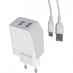 Cargador - muvit MCPAK0047, 2x USB-A, Carga rápida, 18W, 1.2 m, Blanco + Cable USB-C a USB-A
