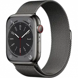 APPLE Watch Series 8 (2022), GPS+CELL, 45 mm, Caja de acero inoxidable, Vidrio delantero Ion-X, Correa Milanese loop graphito