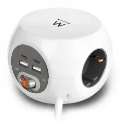 Ewent EW3957 Regleta Cúbica 3 Tomas Schuko + 2 Puertos USB-C + 2 Puertos USB 3.4A 17W