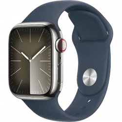 Apple Watch Series 9 (2023), GPS+CELL, 41 mm, Gesto de doble toque, Caja acero inoxidable plata, Correa deportiva azul tempestad, Talla M/L