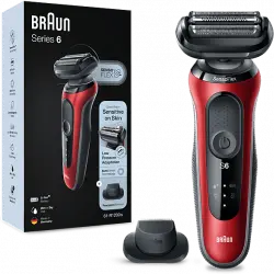 Afeitadora - Braun Series 6 61-R1200S, 3 Cuchillas, eléctrica para barba, EasyClick, Wet & Dry, Rojo