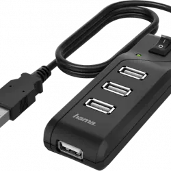 Hub USB/Concentrador - Hama 00200118, De 1x USB 2.0 a 4x 2.0, 1.8 m, 480 Mbps, Negro