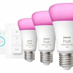 Kit de iluminación - Philips Hue Bridge + 3 Bombillas inteligentes E27 9.5W 1100 lm, Luz Blanca y Colores Regulador