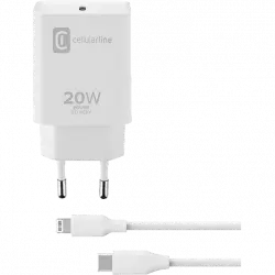 Cargador - CellularLine ACHIPHKITC2LM, Para Apple iPhone y iPad, Cable Lightning, USB-C, 100 cm, 20W, Blanco