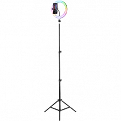 Aro de luz + soporte - CellularLine Selfie Ring Pro, Bluetooth, LED multicolor, RGB, 360°, Negro