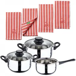 San Ignacio Batería De Cocina 5 Piezas Acero Inoxidable con Set 4 Paños Rojos