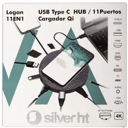 Hub - Silver HT Logan 11 en 1 Tipo C, MicroSD, Audio, USB 3.0, RJ-45 gigabit, VGA, HDMI 4K Qi Wireless, Negro