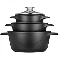 Briebe MGK-18 Batería de Cocina 6 Piezas Aluminio Fundido 3 Ollas 16/20/24cm + Tapas de Vidrio